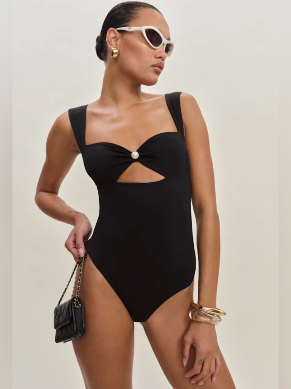 NWT Reformation Valera Black One-Piece Swimsuit with Pearl Accent - Picture 5 of 11